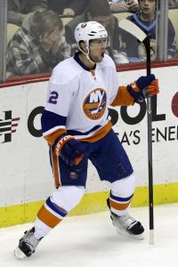 Josh Bailey celebrates his winning goal against the Pens. AP Photo/Gene J. Puskar