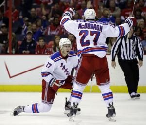 Moore Goals: Defenseman John Moore celebrates his second period goal with Ryan McDonagh. AP Photo/Alex Brandon