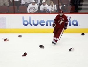 Radim Vrbata is greeted by hats from happy Coyote fans after his hat trick against the Rangers. azcentral.com 