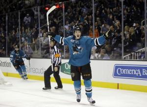 Hertl's Night: Sharks rookie Tomas Hertl celebrates a hat trick. His four goals were part of a Sharks 9-2 rout over the Rangers. AP Photo/Marcio Jose Sanchez