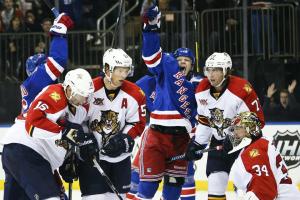 Derek Dorsett is pumped after his tying goal in the second of a Rangers' 4-3 win over the Panthers. AP Photo/John Minchillo