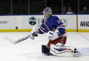 Cam Talbot turns aside a shot during the Rangers' 4-1 win over the Wild. Getty Images/Seth Wenig