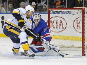 The Ship Be Sinking: Little known Predator Rich Clune had no problem beating Henrik Lundqvist in a scene that becoming a disturbing trend for the Rangers.  AP Photo/Bill Kostroun