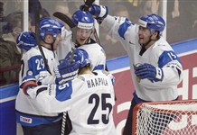 Finland celebrates a goal in their 5-1 semifinal win over Canada at the 2014 WJC in Malmo, Sweden. They'll face the host Swedes for gold tomorrow.  The Canadian Press/Getty Images