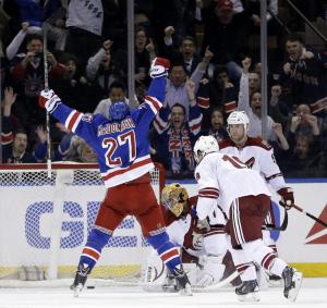 Mac Truck OT Hero: Ryan McDonagh celebrates his overtime winner highlighting the Rangers' 4-3 win over the Coyotes. AP Photo/Seth Wenig