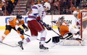 Steve Mason denies Rick Nash for one of his 37 saves.  AP Photo/Chris Szagola