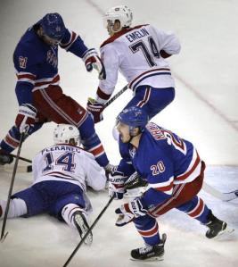Chris Kreider celebrates his tying goal late in regulation that sent Game 3 to overtime.  AP Photo/Seth Wenig