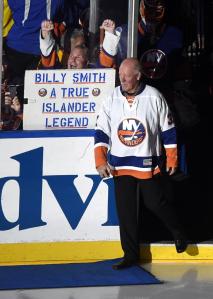 Billy Smith leads the Islanders out on his special night. AP Photo by Kathy Kmonicek/Getty Images