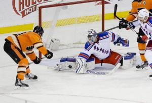 Cam Talbot denies Braydon Schenn. He finished with 31 saves in the Rangers' 2-0 shutout over the Flyers. AP Photo by Frank Franklin II/Getty Images