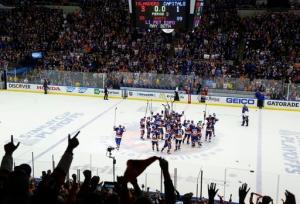 We Salute You: The Islanders salute Nassau Coliseum following an emotional 3-1 win in Game 6 forcing Game 7 against the Capitals. Will there be more hockey at the Coliseum? AP Photo by Julie Jacobson/Getty Images