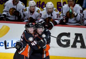 Cam Fowler celebrates a goal early in the first period of what turned into another classic with the Ducks prevailing over the Hawks 5-4 in overtime on Matt Beleskey's winner at 45 seconds following two Jonathan Toews goals in the final two minutes allowing Anaheim to take a 3-2 series lead over Chicago.  AP Photo by Mark J. Terrill/Getty Images 