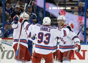 Keith Yandle celebrates his goal that made it 3-1 late in the second with Rick Nash and Kevin Klein. AP Photo by Chris O'Meara/Getty Images