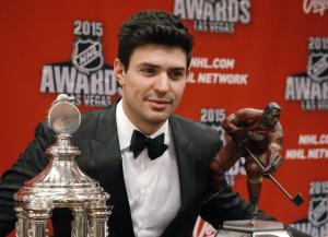 The Price Is Right: Carey Price poses with the Hart, Vezina and Ted Lindsay Award after taking home a record four awards in Vegas. AP Photo by John Locher/Canadian Press