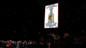 The Blackhawks raised their Stanley Cup banner before the Season Opener against the Rangers who spoiled the party winning 3-2 at the United Center. AP Photo by Nam Y. Huh/Getty Images