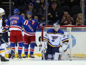 Derick Brassard and Mats Zuccarello celebrate Brassard's early goal in another Rangers win.  AP Photo by Bruce Bennett/Getty Images