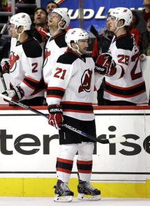 Kyle Palmieri celebrates his second period goal in a Devils win over the Hawks. AP Photo by Nam Y. Huh/Getty Images