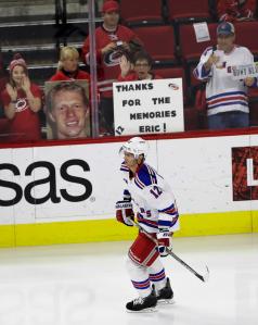 New York Rangers' Eric Staal skates past fans during warm-ups for an NHL hockey game against his former team, the Carolina Hurricanes, in Raleigh, N.C., Thursday, March 31, 2016. (AP Photo/Gerry Broome)