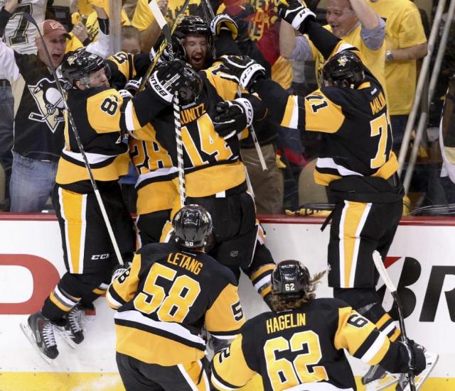 Nick Bonino, Kris Letang, Carl Hagelin, Evgeni Malkin, Chris Kunitz, Sidney Crosby